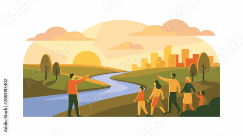 A family points towards a cityscape at sunset