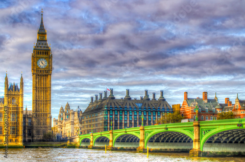Westminster skyline with Big Ben and UK Parliament in London Westminster skyline with Big Ben, UK Parliament buildings and Westminster Bridge, suitable as a background for British politics, travel and