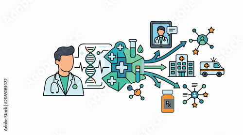 A doctor surrounded by medical symbols and digital connections