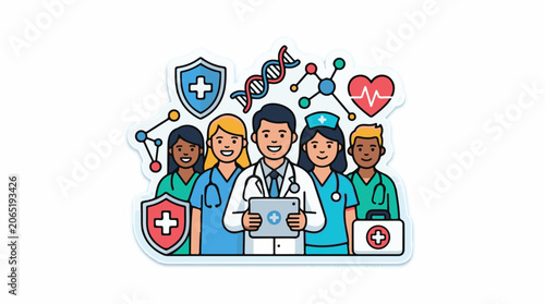 A diverse group of medical professionals surrounded by health symbols