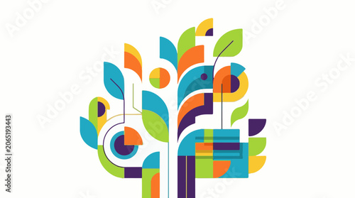 A colorful tree made of geometric shapes and leaves on white background
