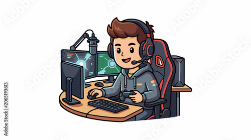 A cartoon man wearing a headset sits at a desk with two computer monitors (1)