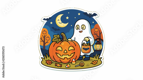 A cartoon ghost holding a bucket of candy next to a jack-o-lantern on a Halloween night