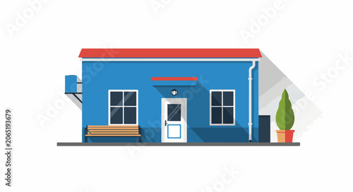 A blue house with a red roof, white door and windows, and a bench