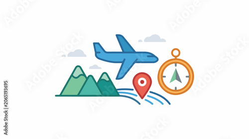 A blue airplane flies over green mountains with a red location pin and a compass