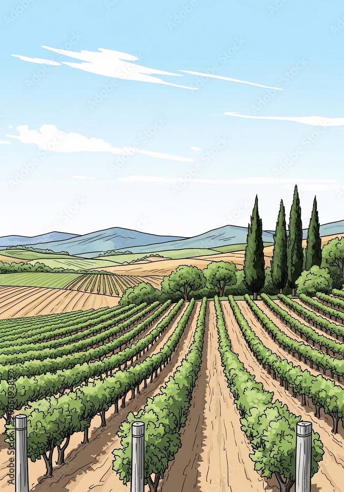 Fototapeta premium Sun-Drenched Vines: A Hand-Drawn Tuscan Landscape