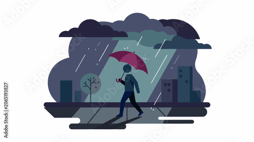 Person walking with umbrella on rainy city street at night