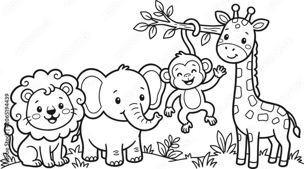 Obraz premium Safari animals color page lion elephant monkey and giraffe coloring illustration for kids