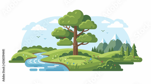A serene landscape with rolling hills, a tree, a river, and mountains