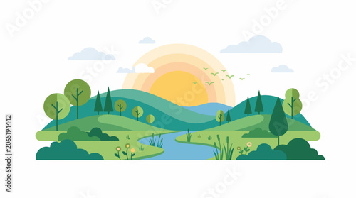 A serene landscape with rolling hills, a winding stream, and a vibrant sunset