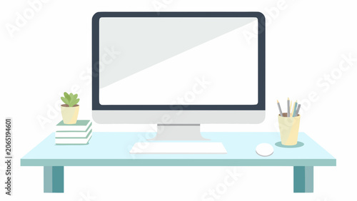 Εκτύπωση καμβά Computer workstation with plant and supplies flat vector illustration