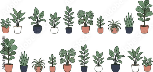 Tableau sur toile Cute potted green indoor plants collection flat line art botanical doodle graphi