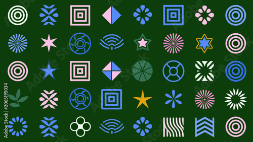 Geometric And Organic Icons Collection Flat Vector Illustration On Green Background
