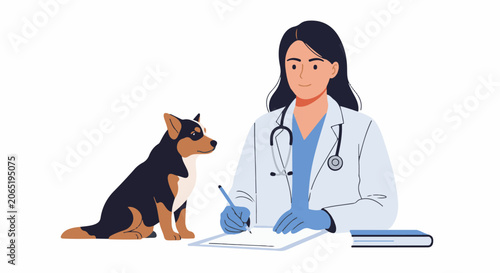 A woman in a lab coat writing on a clipboard with a dog