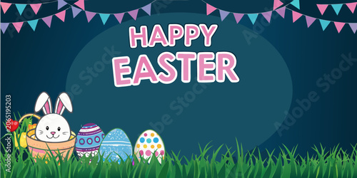Easter Banner With Bunny Eggs And Pennant Flags Illustration