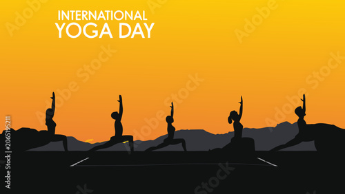 Yoga practitioners silhouettes against a gradient orange background