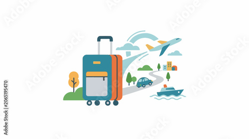 Colorful illustration of travel essentials and transportation modes