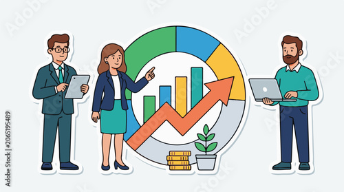 Business professionals analyzing a colorful chart with an upward trend