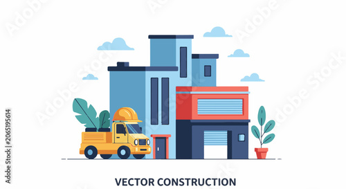 Colorful construction site with a truck and buildings