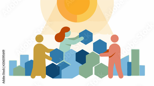 Illustration of three people building with colorful blocks