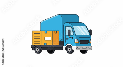 A blue and yellow truck with a large box on the back