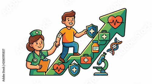 A cartoon illustration of a smiling healthcare worker assisting a patient