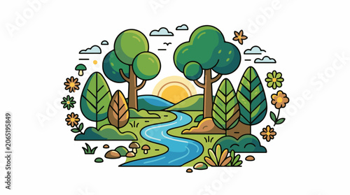A cartoon landscape with a river, trees, flowers, and a sunny sky