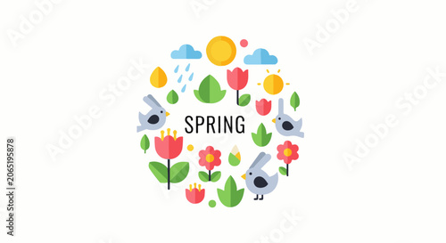 Colorful spring-themed graphic with flowers, birds, and weather