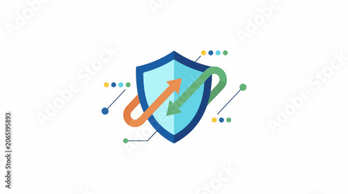 A blue shield with a green arrow and orange arrow