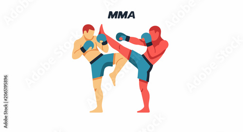 Two MMA fighters engaging in a kickboxing match with gloves and shorts