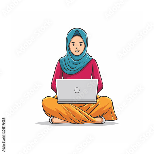 Cartoon woman in hijab using laptop