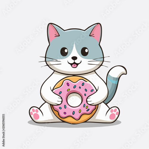Cute Cartoon Cat Holding a Pink Frosted Donut