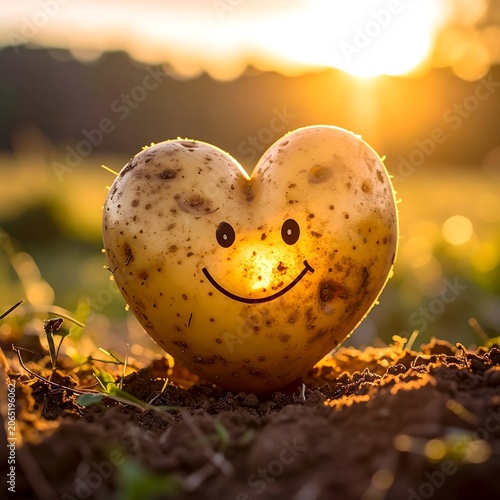 A heart-shaped potato with a smiley face sits on soil at sunset