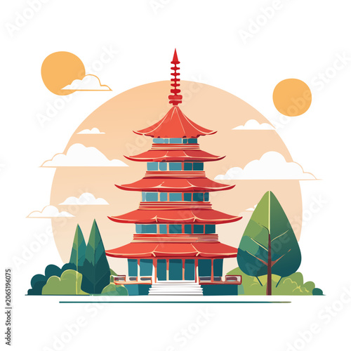 East Asian Pagoda with Trees and Sunset