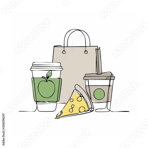 Line art illustration of takeaway food and drinks
