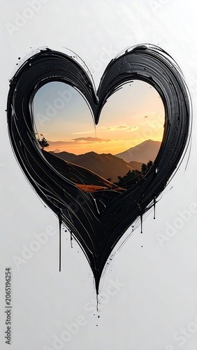 A heart-shaped silhouette with a vibrant sunset landscape inside