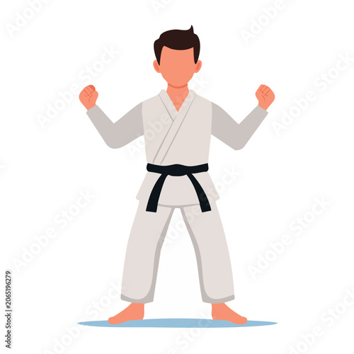Karate fighter in victory pose, flat vector illustration