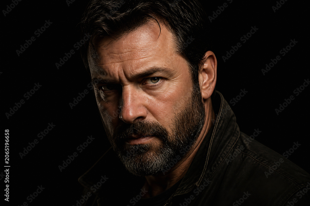 Fototapeta premium A middle-aged man with a beard stares intensely at the camera against a black background.