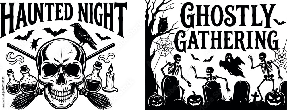 Fototapeta premium Big set of halloween silhouettes black icon and character. Design of witch, creepy and spooky elements for halloween decorations, sketch, icon, sticker. Halloween graphic designs with spooky themes