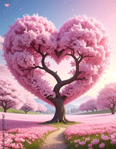 A heart-shaped tree with pink blossoms stands on a pathway