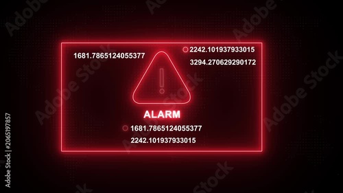 Digital red neon alarm warning sign with pulsing data streams and mathematical coordinates on a dark background, cybersecurity breach notifications, system error alerts, and tech interfaces