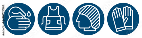 Wash your hands, apron and hair net fitting, putting on nitrile gloves must be worn sign. Food industry infographics. Food manufacturing instructions symbols.