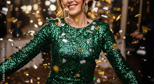Woman in sparkling green dress celebrating with falling confetti festive atmosphere