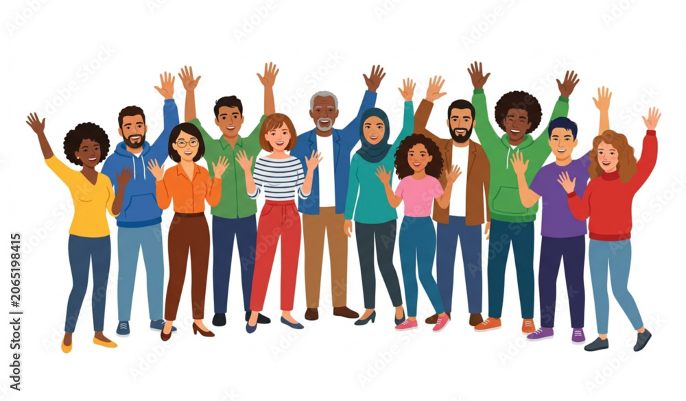 Obraz premium Diverse Multicultural People Celebrating Together Vector Illustration with Happy Men and Women Unity Concept