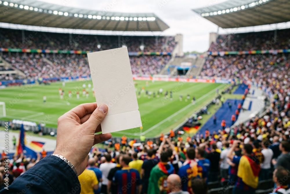 Obraz premium Holding a blank ticket at a crowded football stadium with a game in progress.