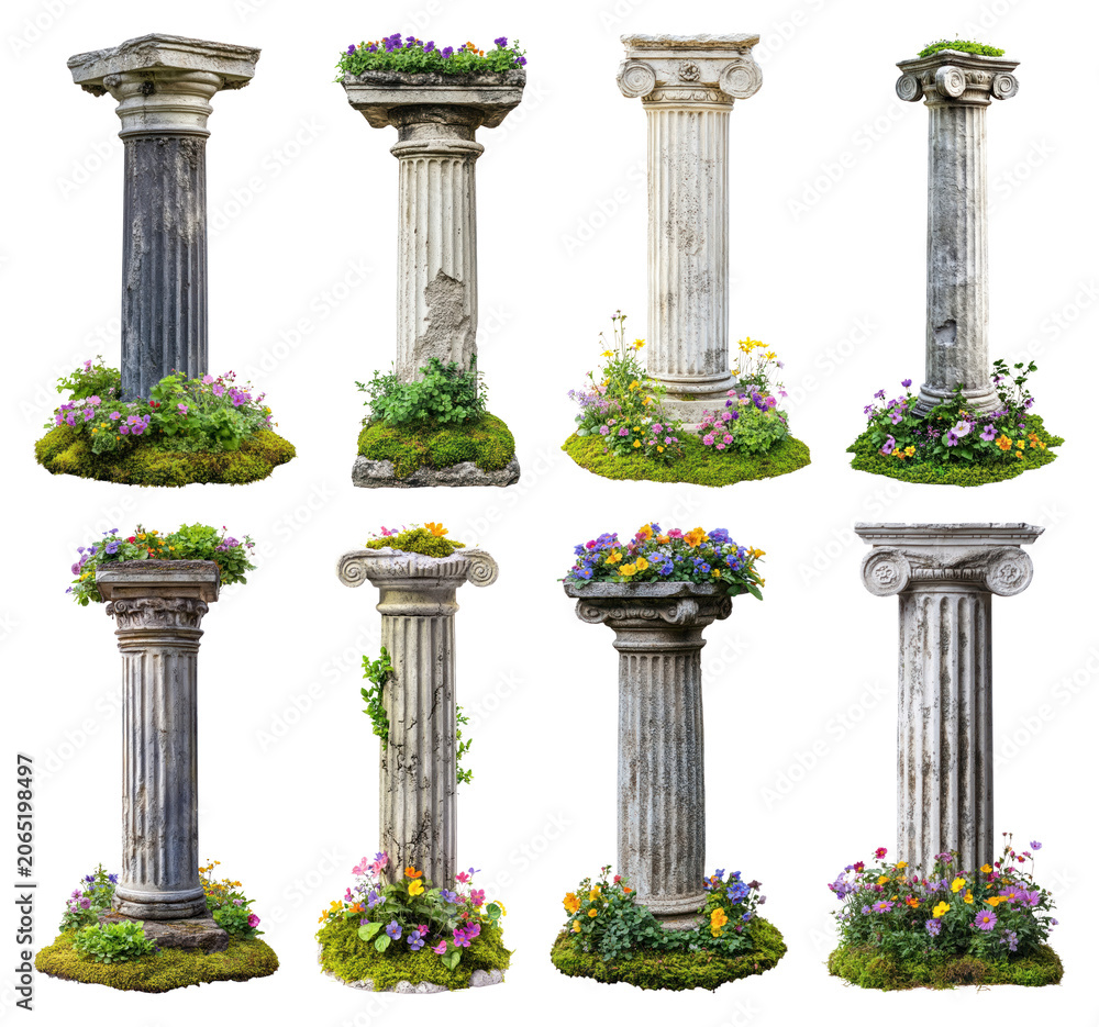 Naklejka premium PNG Ancient columns adorned with flowers on transparent background