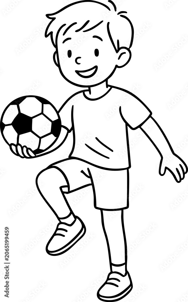 Obraz premium A young boy in a t-shirt and shorts kicks a soccer ball with a smile