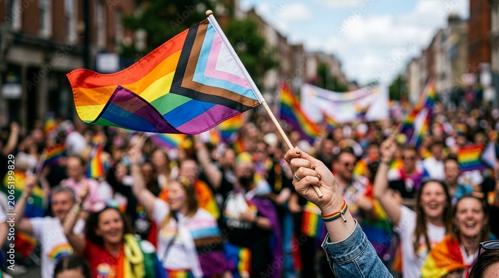 Fototapeta premium Progress Pride Flag Raised at LGBTQ+ Pride Parade Celebrating Diversity Equality and Inclusion