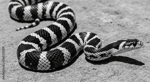 Black and white California kingsnake slithering on rocky ground