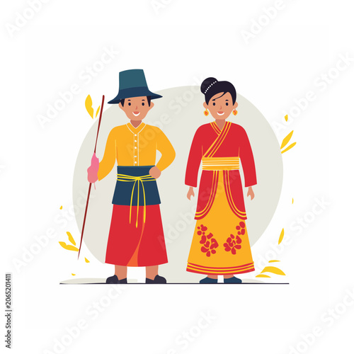 Couple in Traditional Asian Attire, Flat Design Illustration